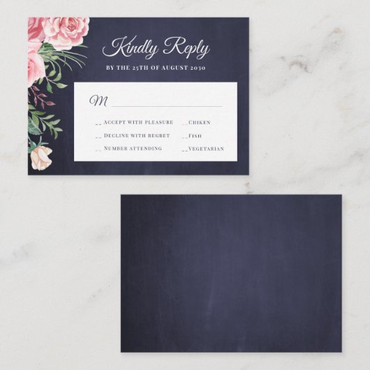 Navy blue blush roze roze roze roze bruiloft RSVP Informatiekaartje (Voorkant / Achterkant)