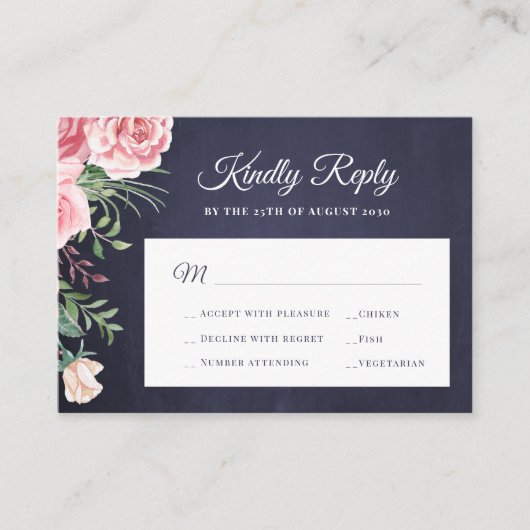 Navy blue blush roze roze roze roze bruiloft RSVP Informatiekaartje (Voorkant)