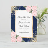 Navy Blue Blush roze rozen foto slaat de datum op Save The Date (Staand voorkant)