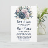 Navy Blue Blush Roze Rozen Verlovingsfeest Kaart (Staand voorkant)