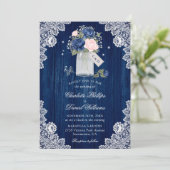 Navy Blue Blush Roze Rustiek Land Bloemen Huwelijk Kaart (Staand voorkant)