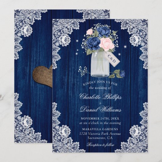 Navy Blue Blush Roze Rustiek Land Bloemen Huwelijk Kaart (Voorkant / Achterkant)