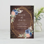 Navy Blue Blush Rozen Schuur Hout Huwelijk Save The Date (Staand voorkant)