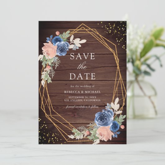 Navy Blue Blush Rozen Schuur Hout Huwelijk Save The Date (Staand voorkant)