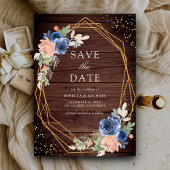 Navy Blue Blush Rozen Schuur Hout Huwelijk Save The Date