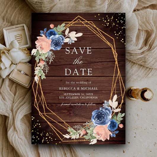 Navy Blue Blush Rozen Schuur Hout Huwelijk Save The Date