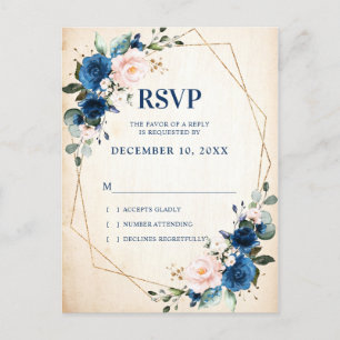Navy Blue Blush Rustic Country Geometric RSVP Briefkaart
