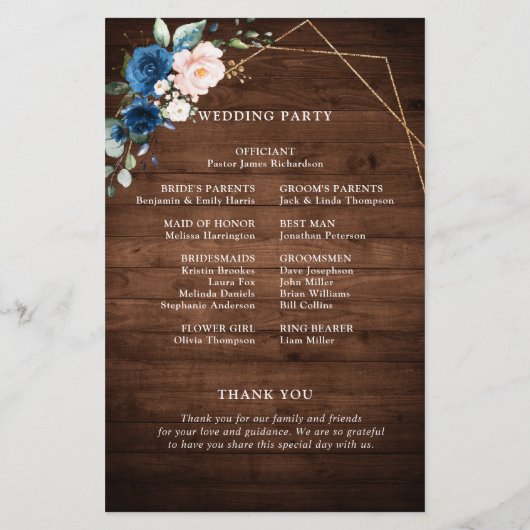 Navy Blue Blush Rustic Wood Gold Geometric Program (Achterkant)