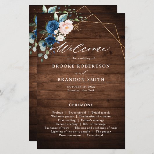 Navy Blue Blush Rustic Wood Gold Geometric Program (Voorkant / Achterkant)