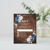 Navy Blue Blush Rustic Wood Gold Geometric RSVP Briefkaart (Staand voorkant)