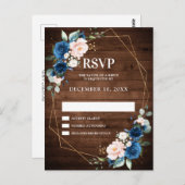 Navy Blue Blush Rustic Wood Gold Geometric RSVP Briefkaart (Voorkant / Achterkant)