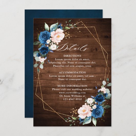 Navy Blue Blush Rustic Wood Gold Geometric Weddens Informatiekaartje (Voorkant / Achterkant)