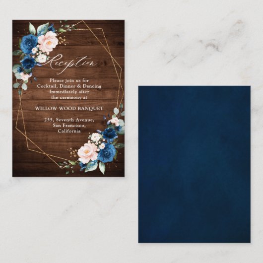 Navy Blue Blush Rustic Wood Gold Geometric Weddens Informatiekaartje (Voorkant / Achterkant)
