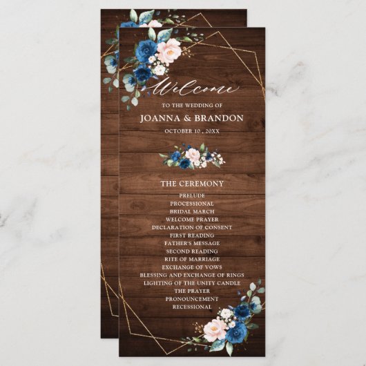 Navy Blue Blush Rustic Wood Gold Geometric Weddens Programmakaart (Voorkant / Achterkant)