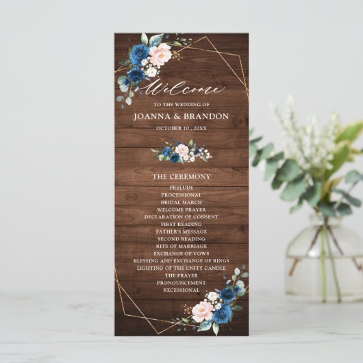 Navy Blue Blush Rustic Wood Gold Geometric Weddens Programmakaart (Staand voorkant)