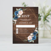 Navy Blue Blush Rustic Wood Gold Geometric Weddens RSVP Kaartje (Staand voorkant)