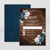 Navy Blue Blush Rustic Wood Gold Geometric Weddens RSVP Kaartje (Voorkant / Achterkant)