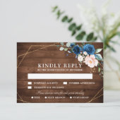 Navy Blue Blush Rustic Wood Gold Geometric Weddens RSVP Kaartje (Staand voorkant)
