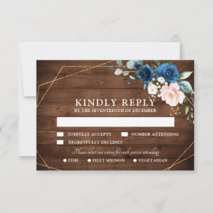 Navy Blue Blush Rustic Wood Gold Geometric Weddens RSVP Kaartje