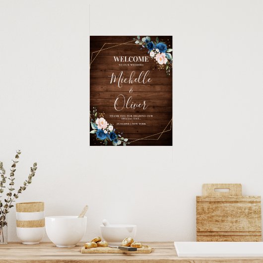 Navy Blue Blush Rustic Wood Gold Geometric Welkom Poster (Keuken)