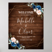 Navy Blue Blush Rustic Wood Gold Geometric Welkom Poster (Voorkant)