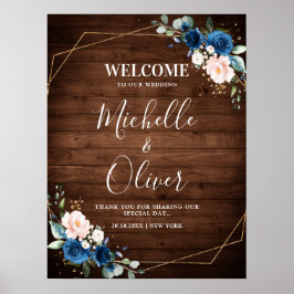 Navy Blue Blush Rustic Wood Gold Geometric Welkom Poster