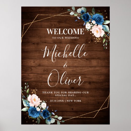 Navy Blue Blush Rustic Wood Gold Geometric Welkom Poster (Voorkant)