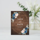 Navy Blue Blush Rustic Wood Gold Save the Date Briefkaart (Staand voorkant)