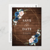Navy Blue Blush Rustic Wood Gold Save the Date Briefkaart (Voorkant / Achterkant)