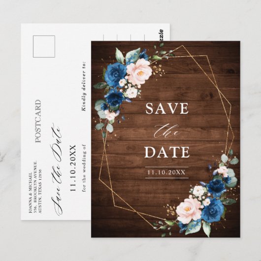 Navy Blue Blush Rustic Wood Gold Save the Date Briefkaart (Voorkant / Achterkant)