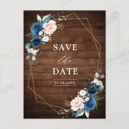 Navy Blue Blush Rustic Wood Gold Save the Date Briefkaart