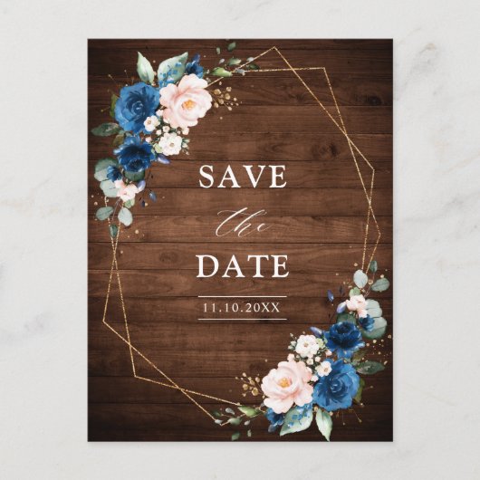 Navy Blue Blush Rustic Wood Gold Save the Date Briefkaart (Voorkant)