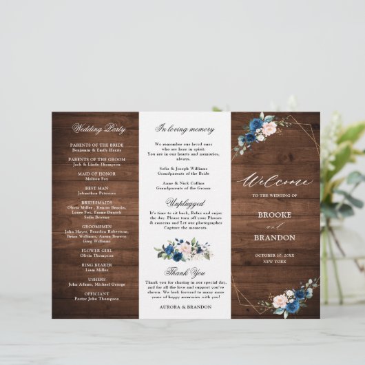 Navy Blue Blush Rustic Wood Gold Wedding Programme (Staand voorkant)