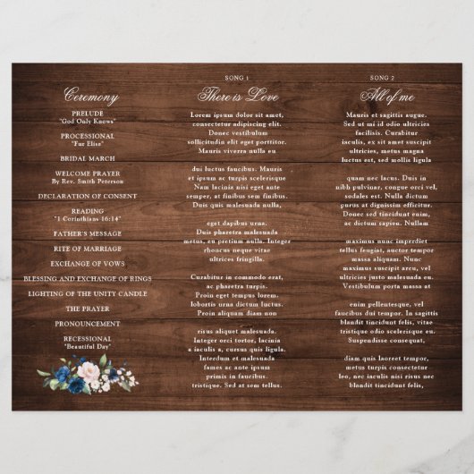 Navy Blue Blush Rustic Wood Gold Wedding Programme (Achterkant)