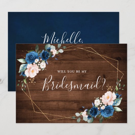 Navy Blue Blush Rustic zal je zijn als mijn Brides Kaart (Voorkant / Achterkant)