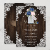 Navy Blue Blush Rustiek Country Wood Bloemen Huwel Kaart (Voorkant / Achterkant)