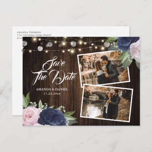 Navy Blue Blush Save The Date Photo Postcard Aankondigingskaart (Voorkant / Achterkant)