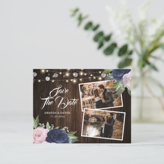 Navy Blue Blush Save The Date Photo Postcard Aankondigingskaart (Staand voorkant)