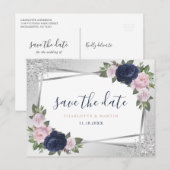 Navy Blue Blush Silver Floral Geometric Wedding Aankondigingskaart (Voorkant / Achterkant)
