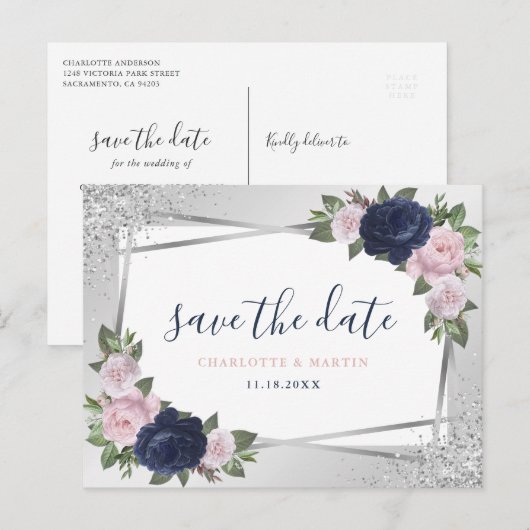 Navy Blue Blush Silver Floral Geometric Wedding Aankondigingskaart (Voorkant / Achterkant)