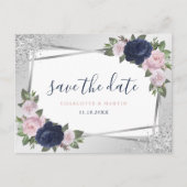 Navy Blue Blush Silver Floral Geometric Wedding Aankondigingskaart (Voorkant)