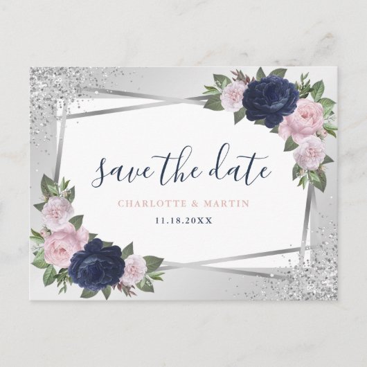 Navy Blue Blush Silver Floral Geometric Wedding Aankondigingskaart (Voorkant)