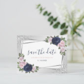 Navy Blue Blush Silver Floral Geometric Wedding Aankondigingskaart (Staand voorkant)
