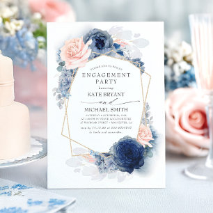 Navy Blue Blush Stoffig Roze Bloemen Verlovingsfee Kaart
