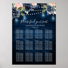 Navy Blue Blush String Lights Seating Chart Poster