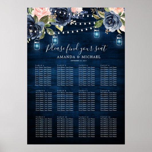 Navy Blue Blush String Lights Seating Chart Poster (Voorkant)