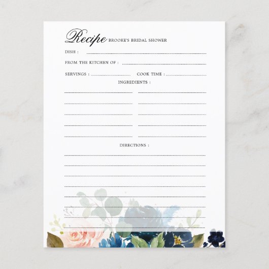 Navy Blue Blush Vrijgezellenfeest Recipcard (Voorkant)