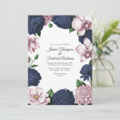 Navy Blue & Blush Watercolor Floral Wedding Kaart (Staand voorkant)