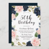 Navy Blue Blush Waterverf 50th Birthday Party Kaart (Voorkant / Achterkant)