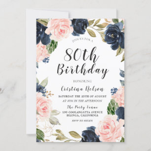 Navy Blue Blush Waterverf 80th Birthday Party Kaart